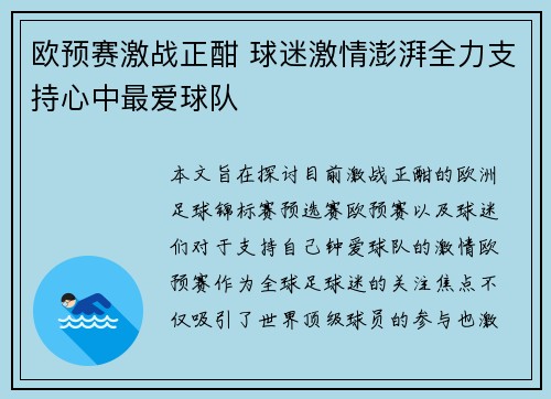 欧预赛激战正酣 球迷激情澎湃全力支持心中最爱球队
