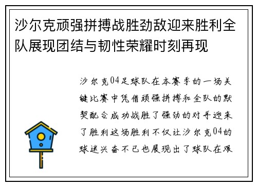 沙尔克顽强拼搏战胜劲敌迎来胜利全队展现团结与韧性荣耀时刻再现